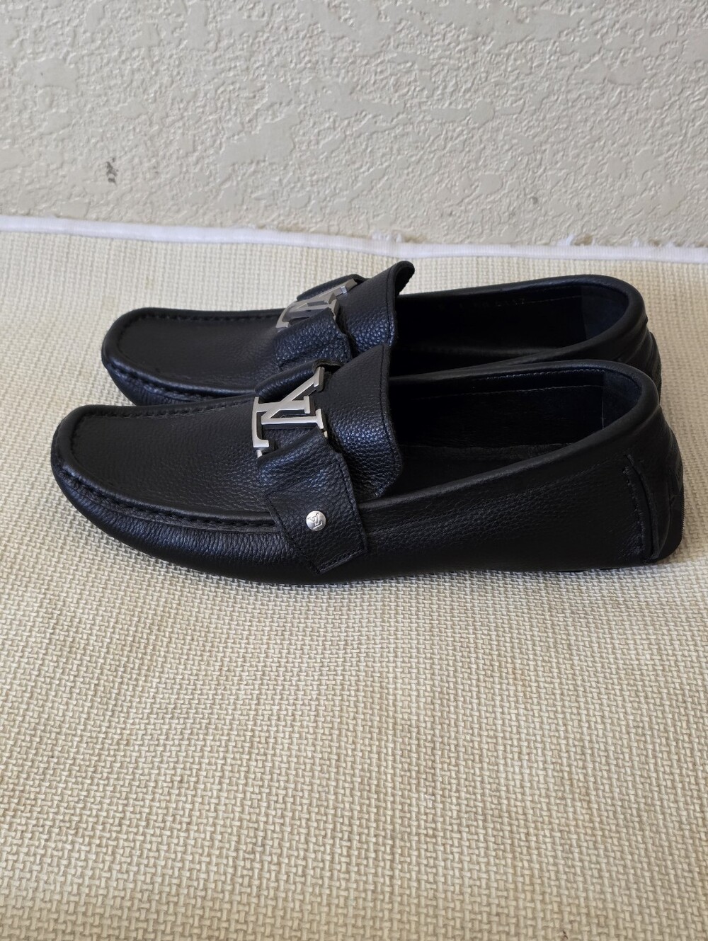 Louis Vuitton Black Leather Loafers with Silver Accent for Men Size 9